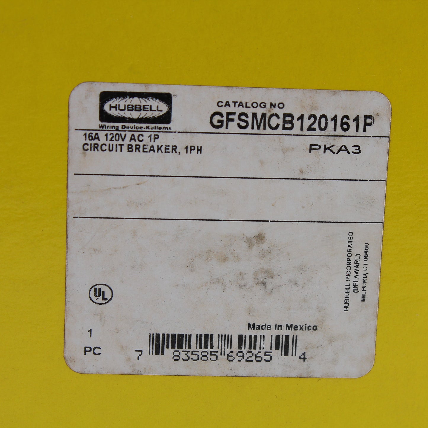 Hubbell GFSMCB120161P Circuit Breaker for GFCI Sensing Module 16A 120VAC 1-Pole