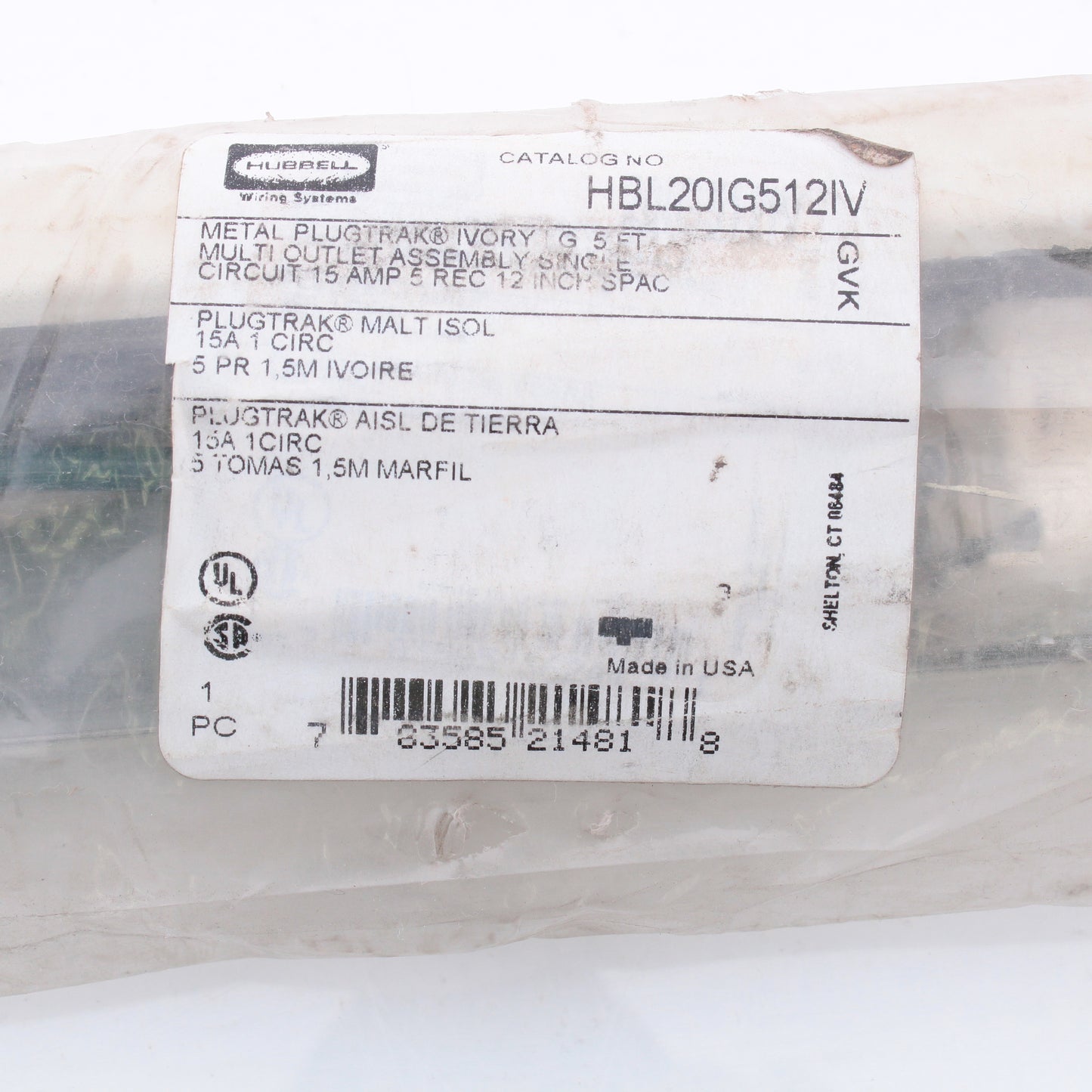 Hubbell HBL20IG512IV 5' PlugTrak Raceway 15A Isolated Ground 5-Outlet PowerStrip