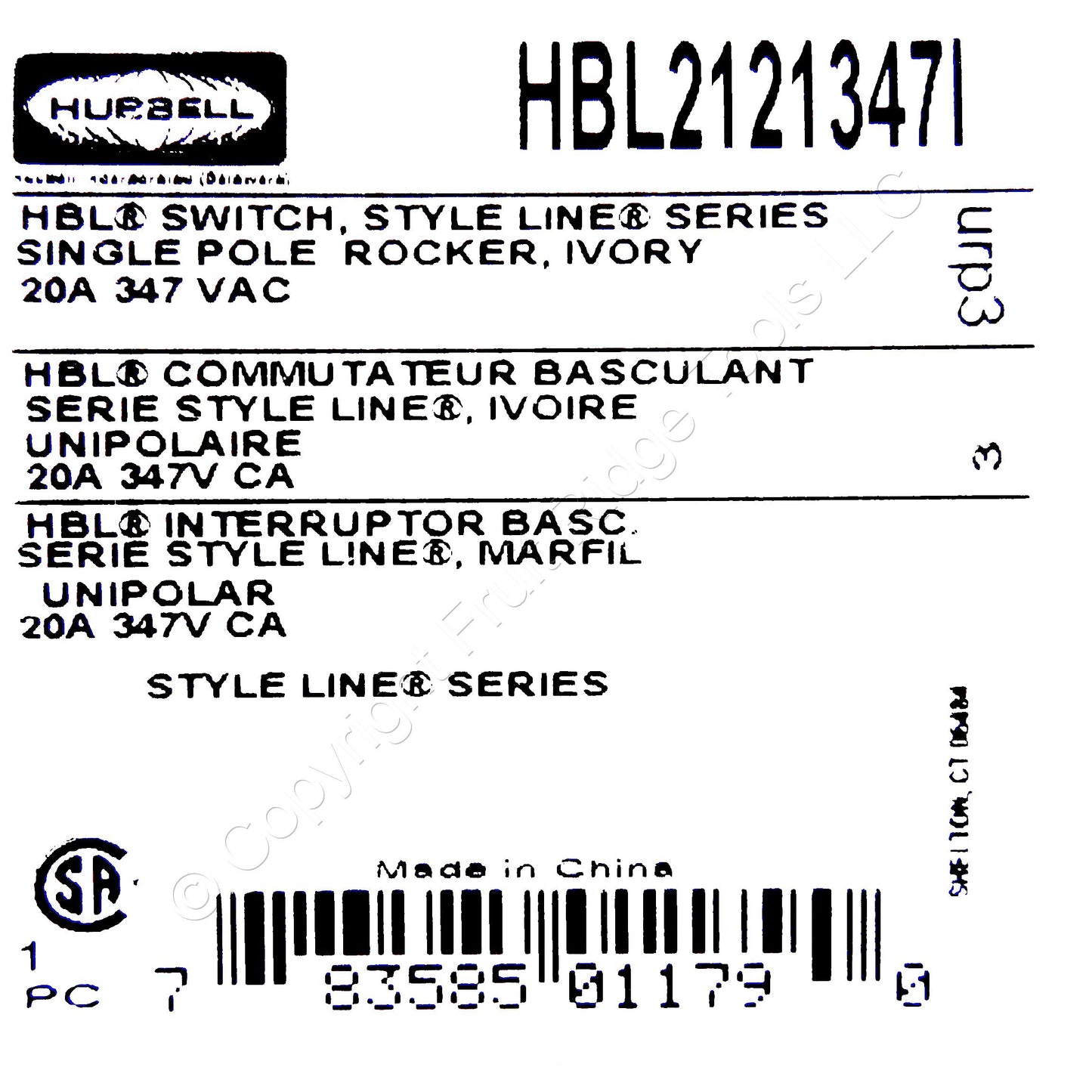 Hubbell HBL2121347I Ivory Decorator Rocker Switch Single Pole 20A 347V SpecGrade