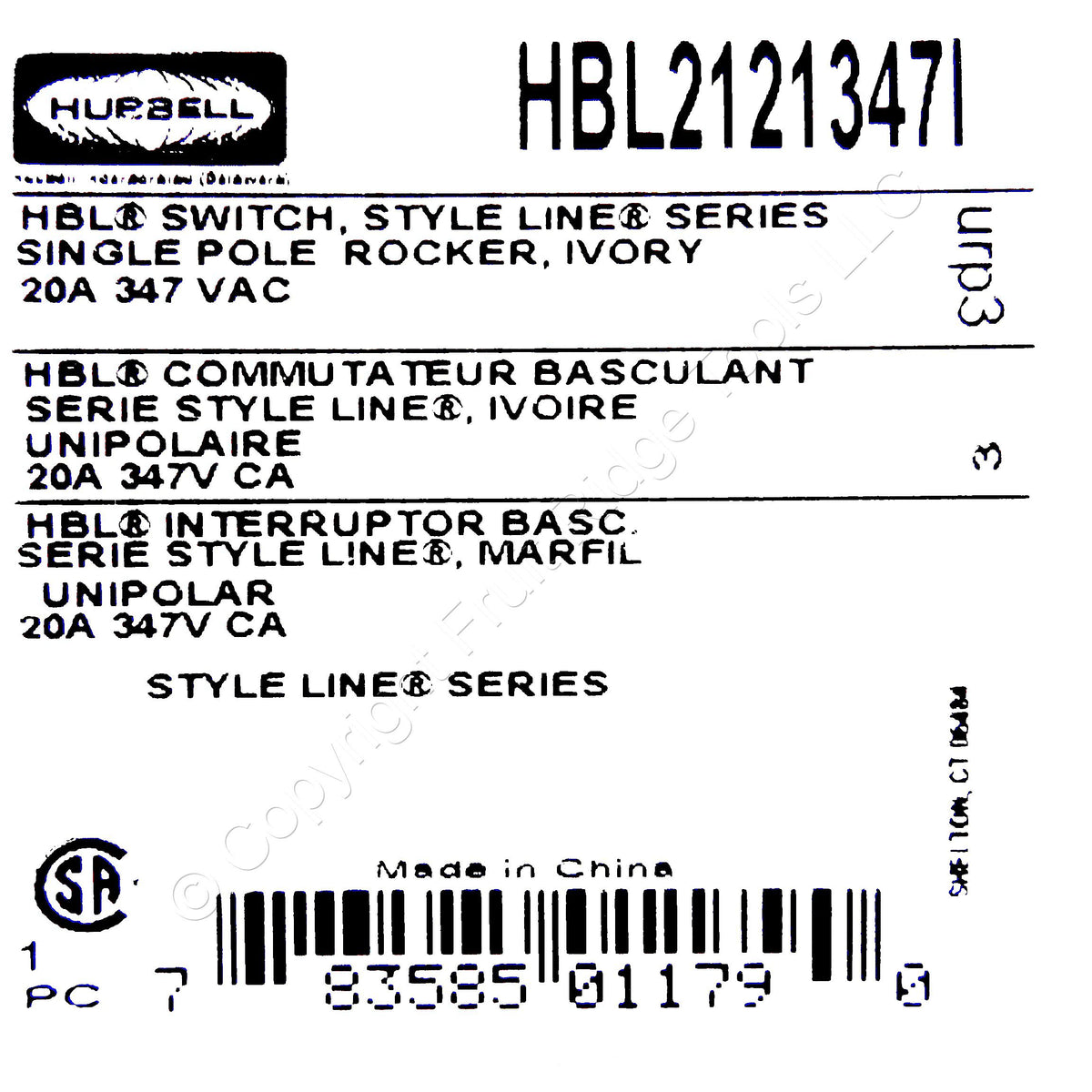 Hubbell HBL2121347I Ivory Decorator Rocker Switch Single Pole 20A 347V SpecGrade
