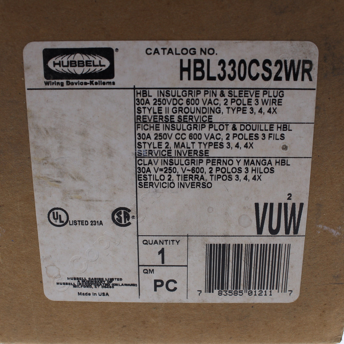 Hubbell Watertight Pin & Sleeve Reversed Service Connector 30A 600V HBL330CS2WR
