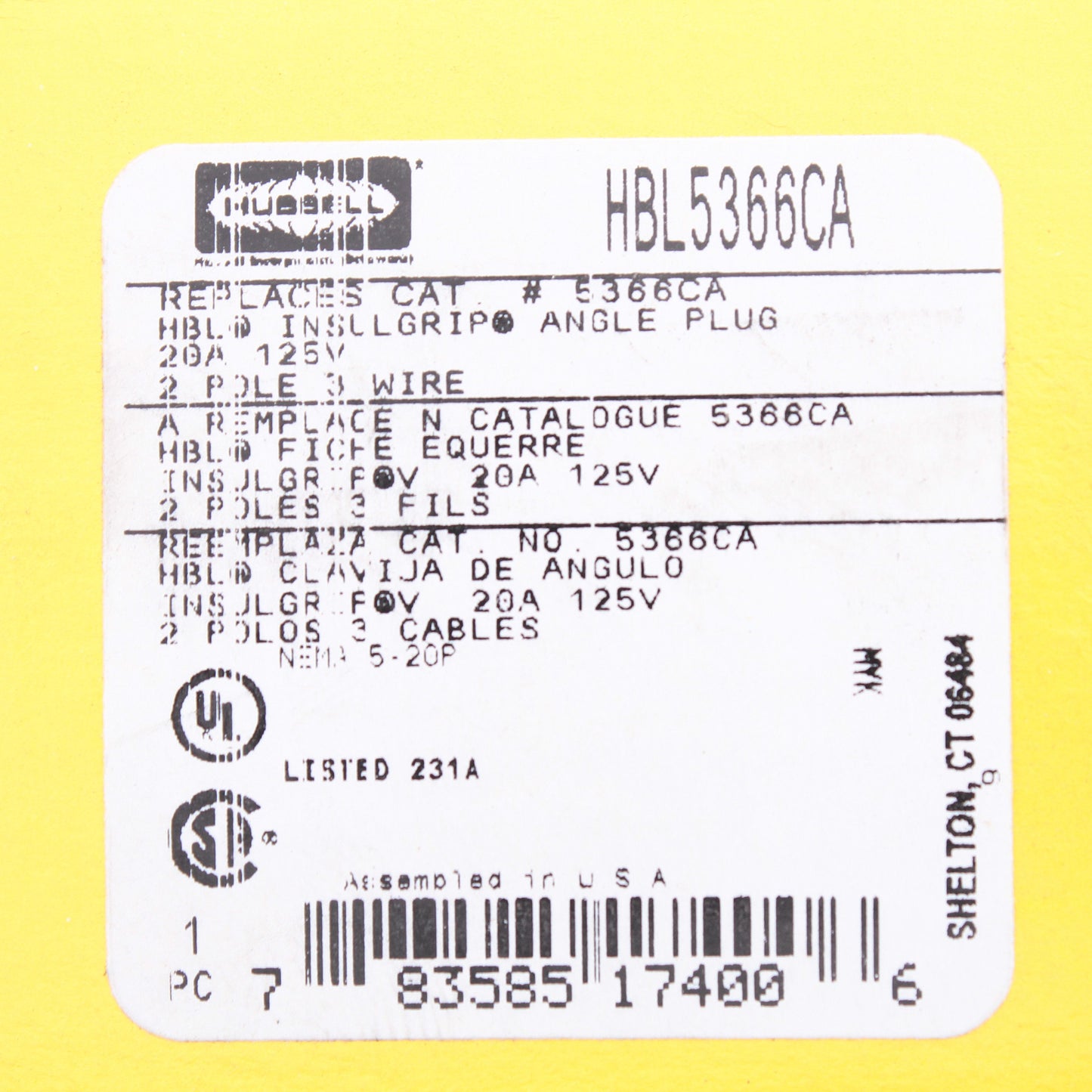 Hubbell HBL5366CA Straight Blade Plug 20A 125V 5-20P Insulgrip Angle Black/White