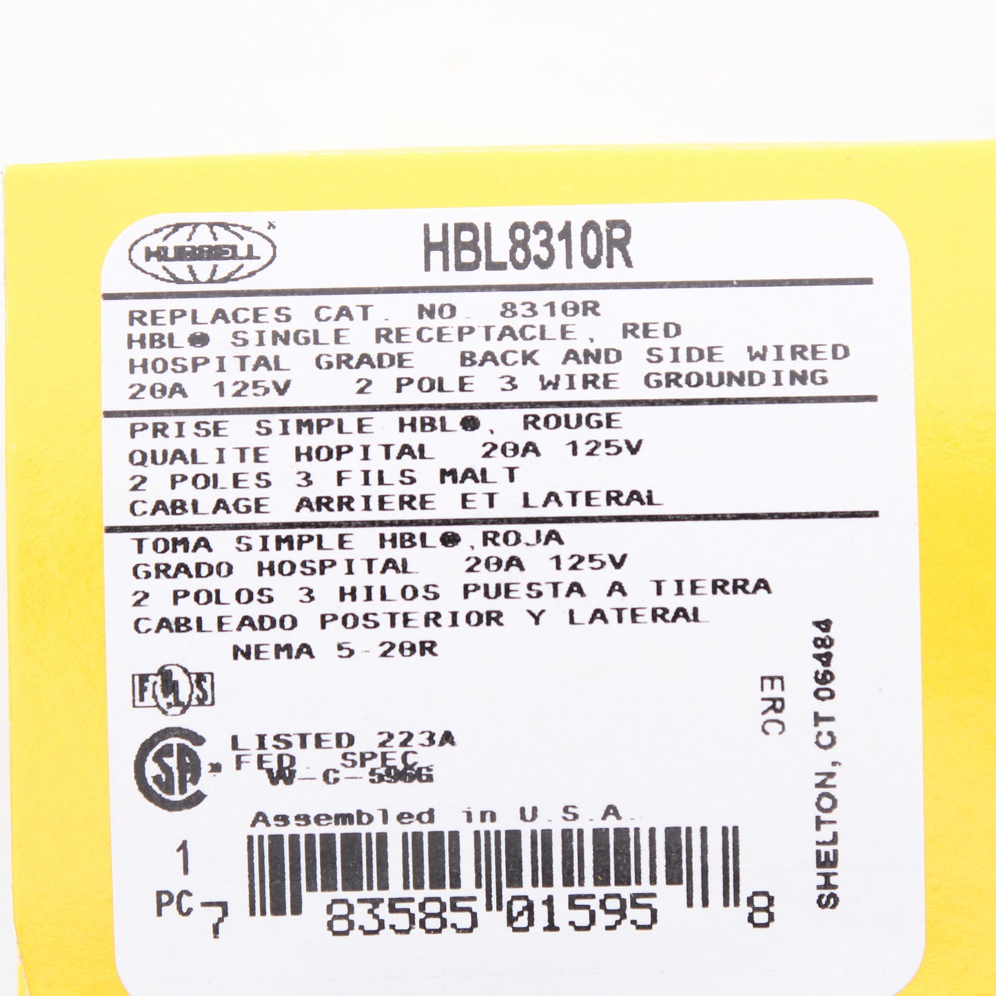 Hubbell HBL8310R Red Single Receptacle Outlet 20A 125V 5-20R Hospital Grade
