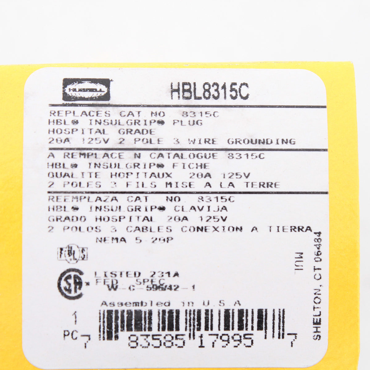 Hubbell HBL8315C 20A 5-20P Hospital Connector Plug Straight Blade Black White
