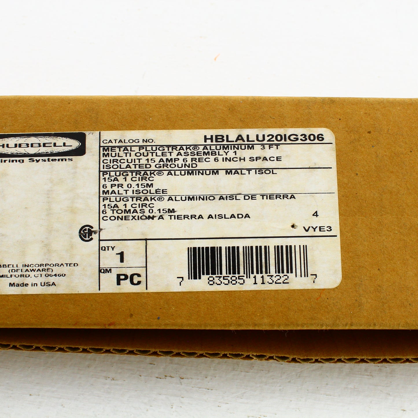 Hubbell 3' PlugTrak Aluminum Raceway 6-Outlet Isolated Ground 15A HBLALU20IG306