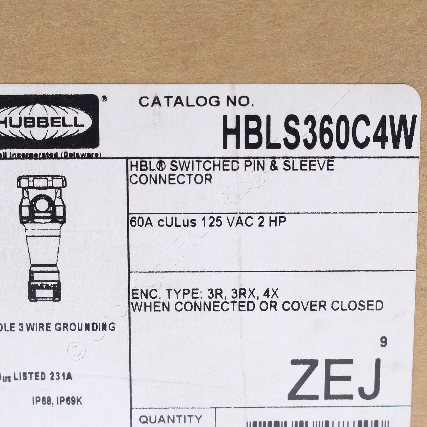 Hubbell Watertight IEC Pin & Sleeve Connector Female Plug 60A 125VAC HBLS360C4W