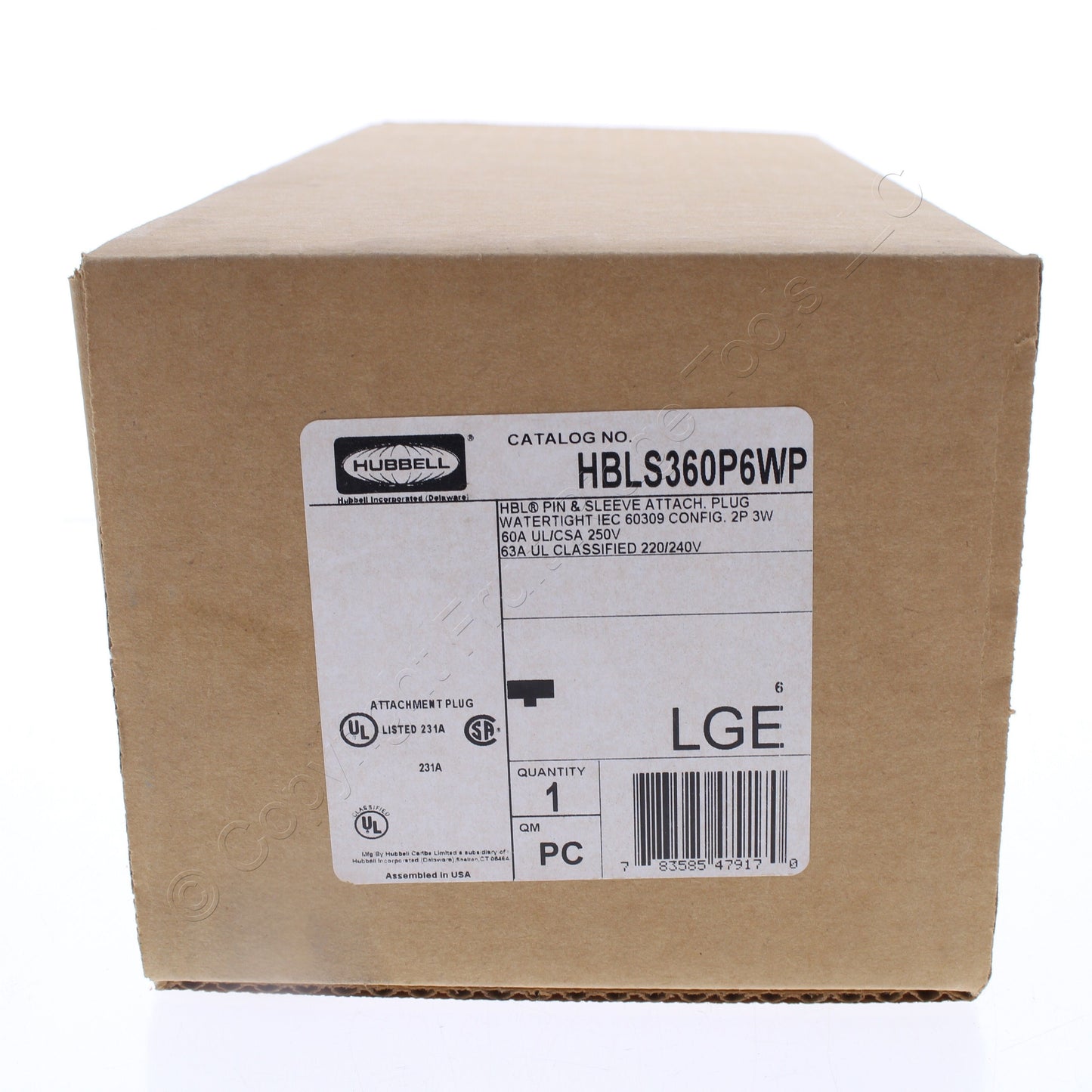 Hubbell HBLS360P6WP Watertight IEC 60A Pin & Sleeve Plug Pilot Pin 2P3W 250VAC