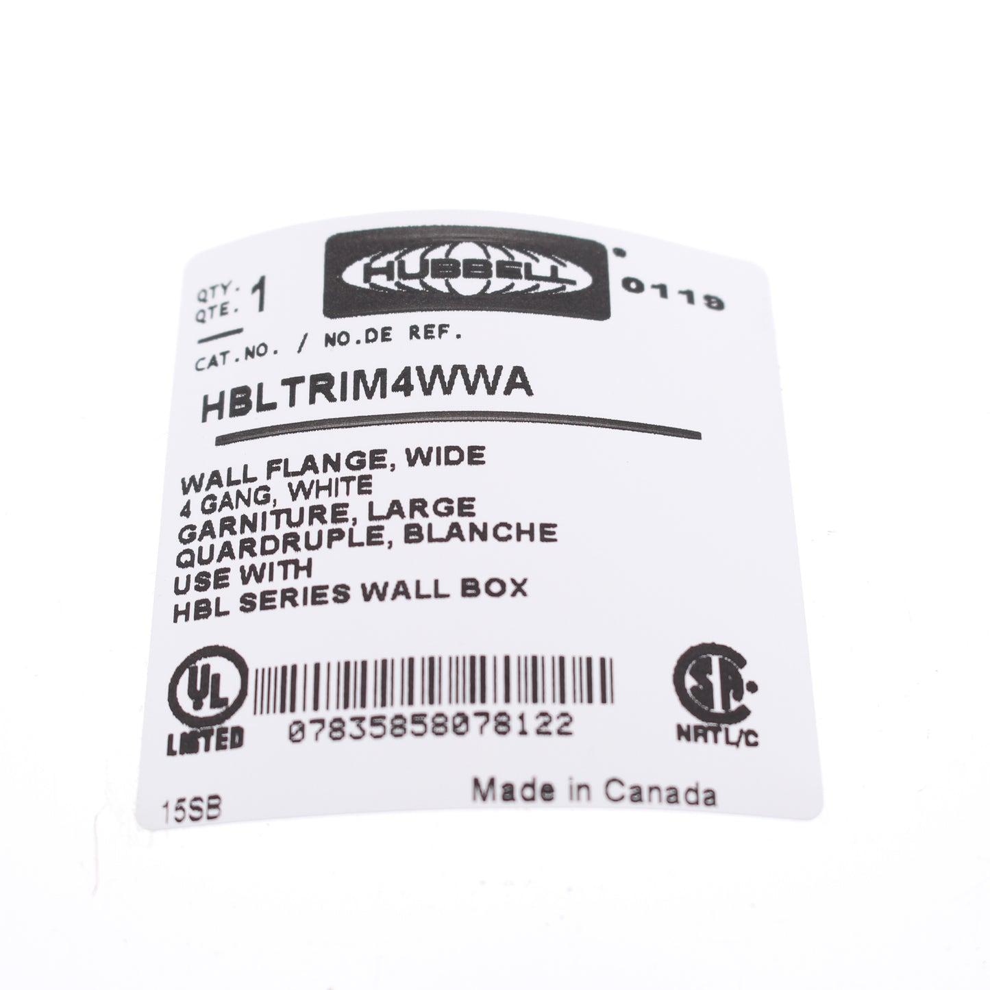 Hubbell HBLTRIM4WWA White 4-Gang Plastic Standard Wallplate Box Trim 6.75 x 5.26