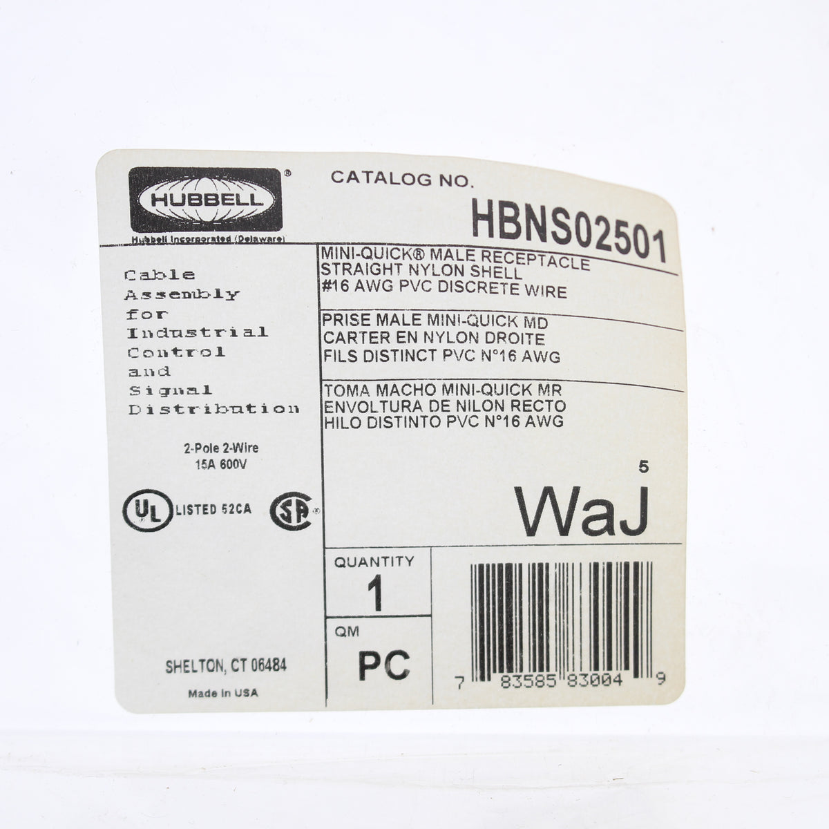 Hubbell Mini-Quick Male Straight Receptacle 2P2W 16AWG Quick-Connect HBNS02501