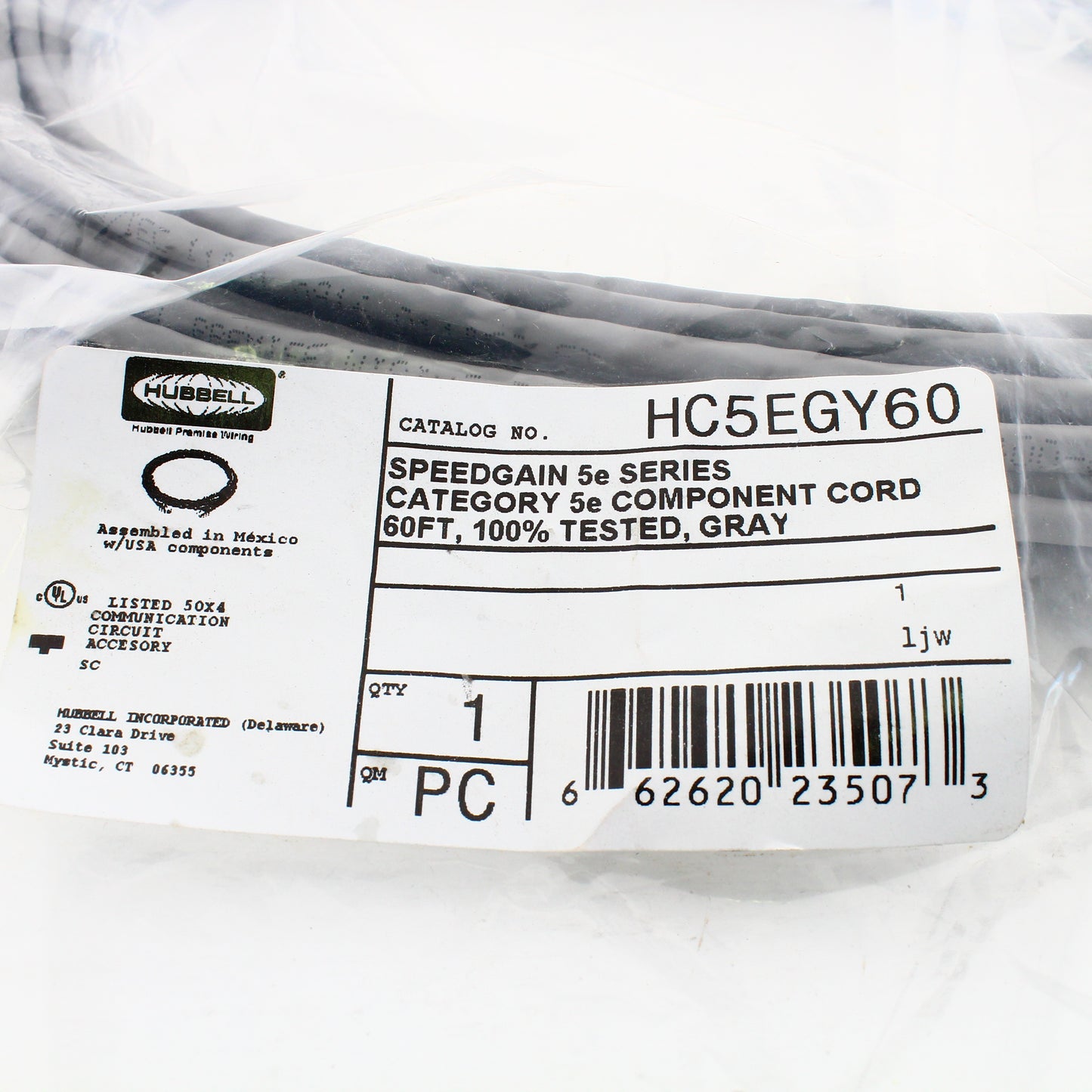 Hubbell Patch Cord Cat 5e Gray 60 Ft LAN Ethernet Network Cable HC5EGY60