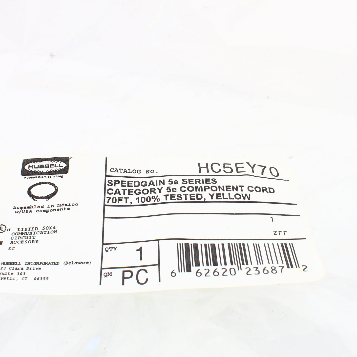 Hubbell Patch Cord Cat 5e Yellow 70 Ft LAN Ethernet Network Cable HC5EY70