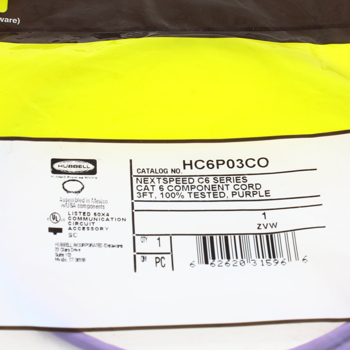 Hubbell Crossover Patch Cord Cat 6 Purple 3Ft LAN Ethernet Network Cable