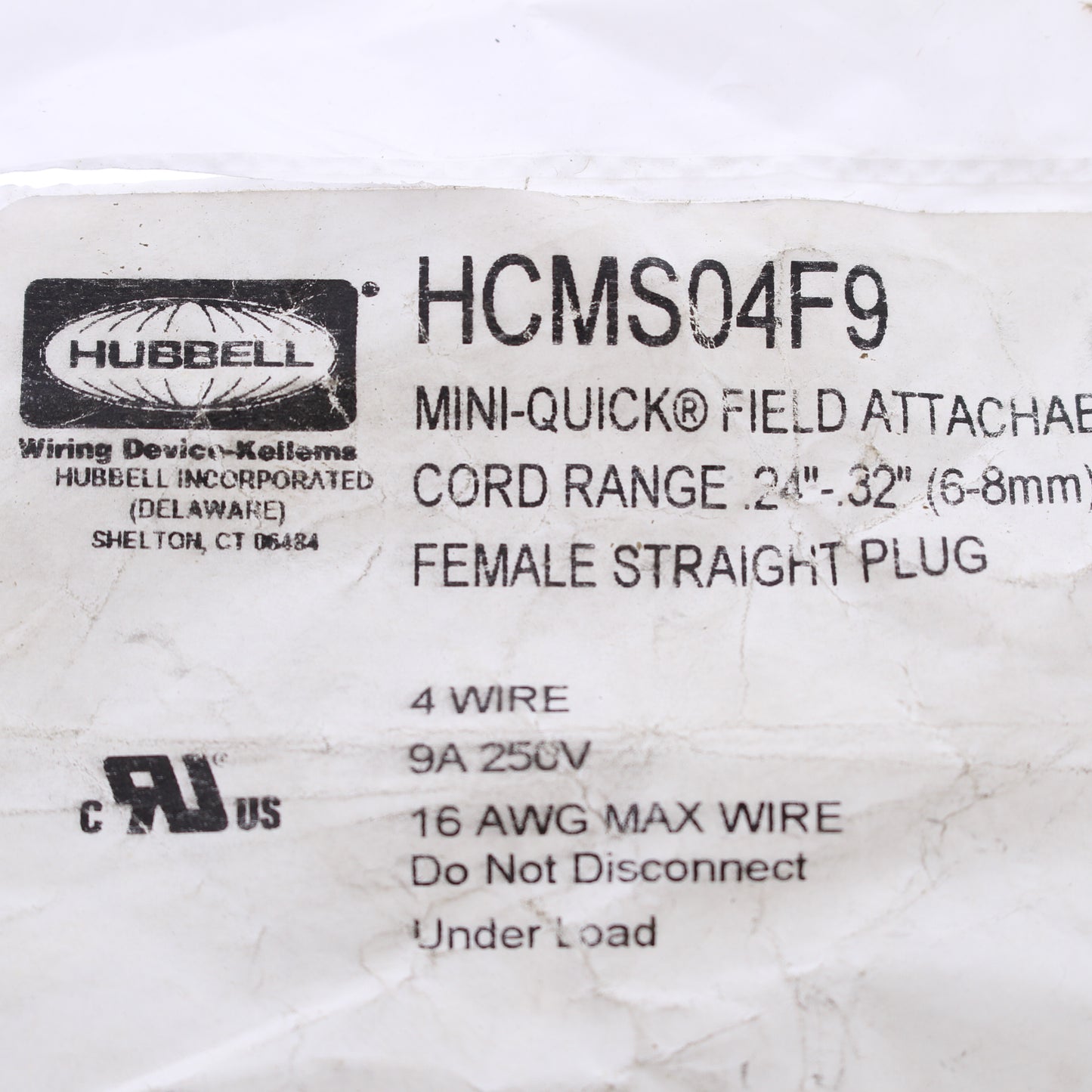 Hubbell Mini-Quick Female Plug 4-Wire F9 Style .24-.32" 9A 250V HCMS04F9