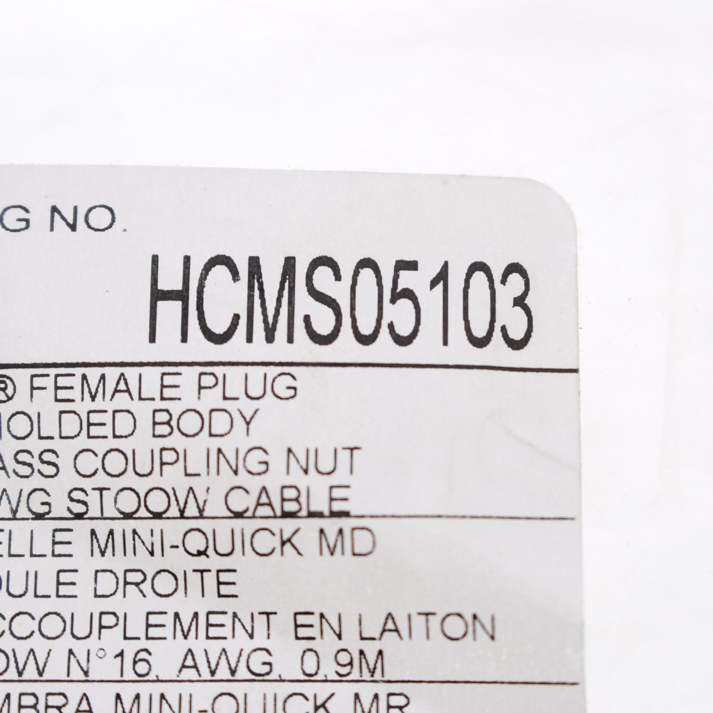 Hubbell Mini-Quick Cable Female Plug 4P5W Quick-Connect 16AWG 10A 3 Ft HCMS05103