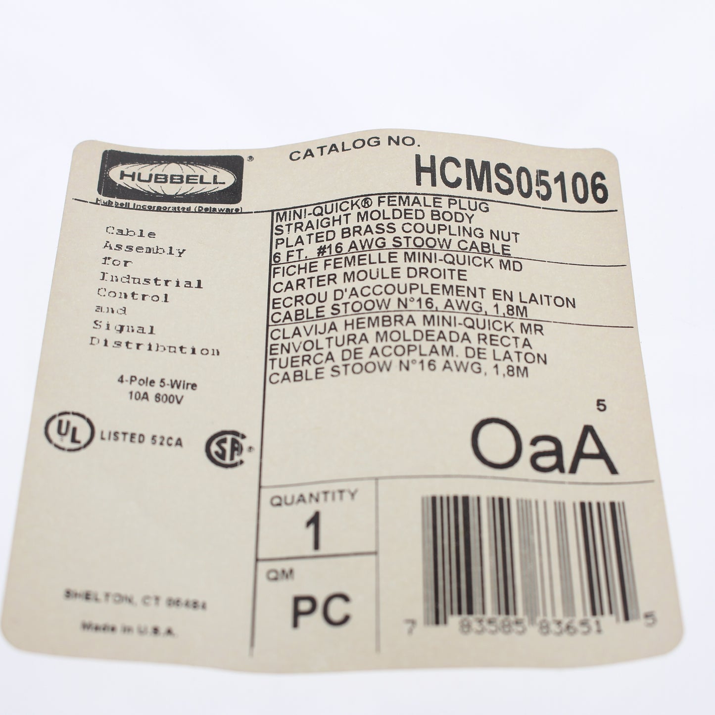 Hubbell Mini-Quick Cable Female Plug 4P5W Quick-Connect 16AWG 10A 6 Ft HCMS05106