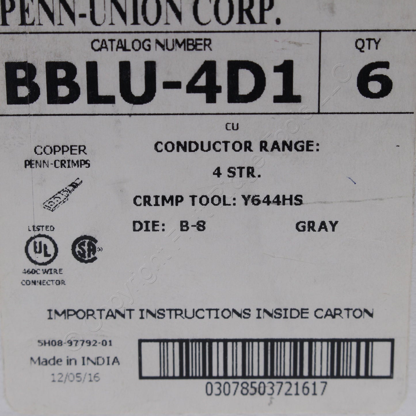 Penn Union Grounding Bonding Compression Lug 4AWG 1/2" Holes Gray #8 HGBBLU-4D1