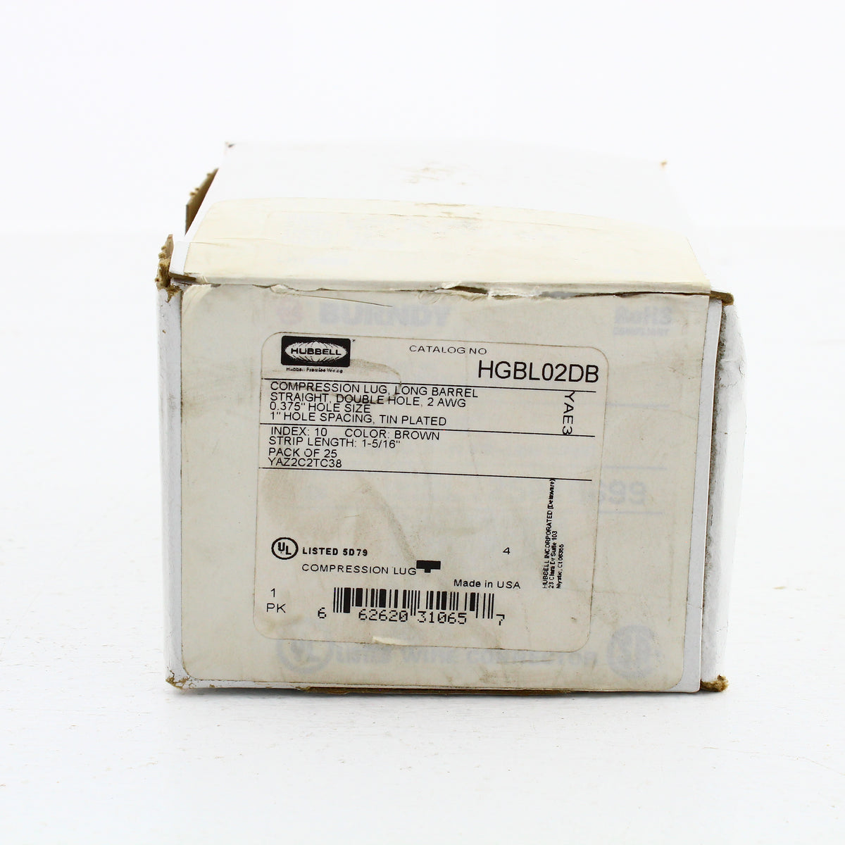 Hubbell HGBL02DB Bonding #10 Grounding Compression Lug 2AWG 3/8" Hole Brown 25pc