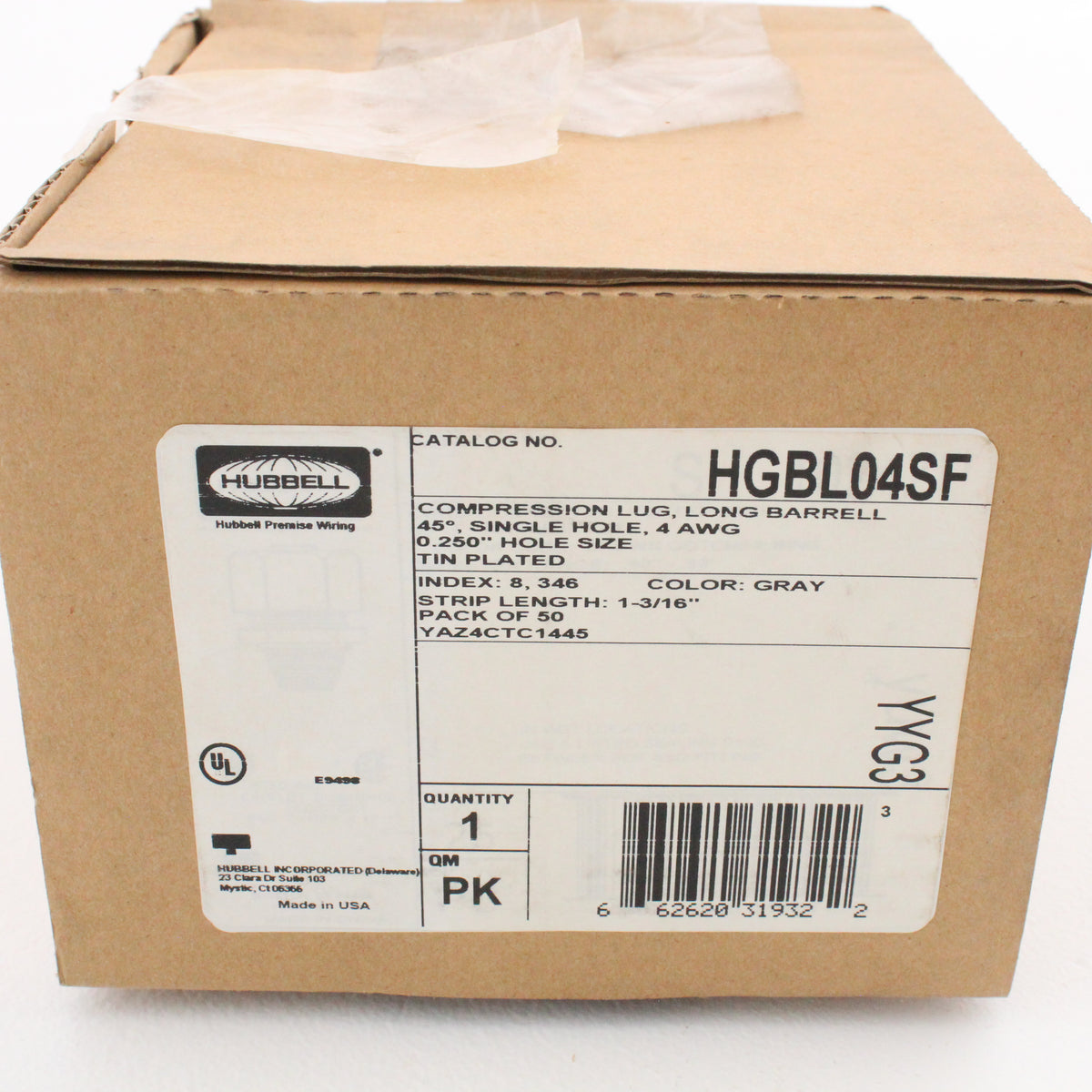 50 Hubbell Bonding Grounding Compression Lugs 45° 4AWG 1/4"Hole Gray #8 HGBL04SF
