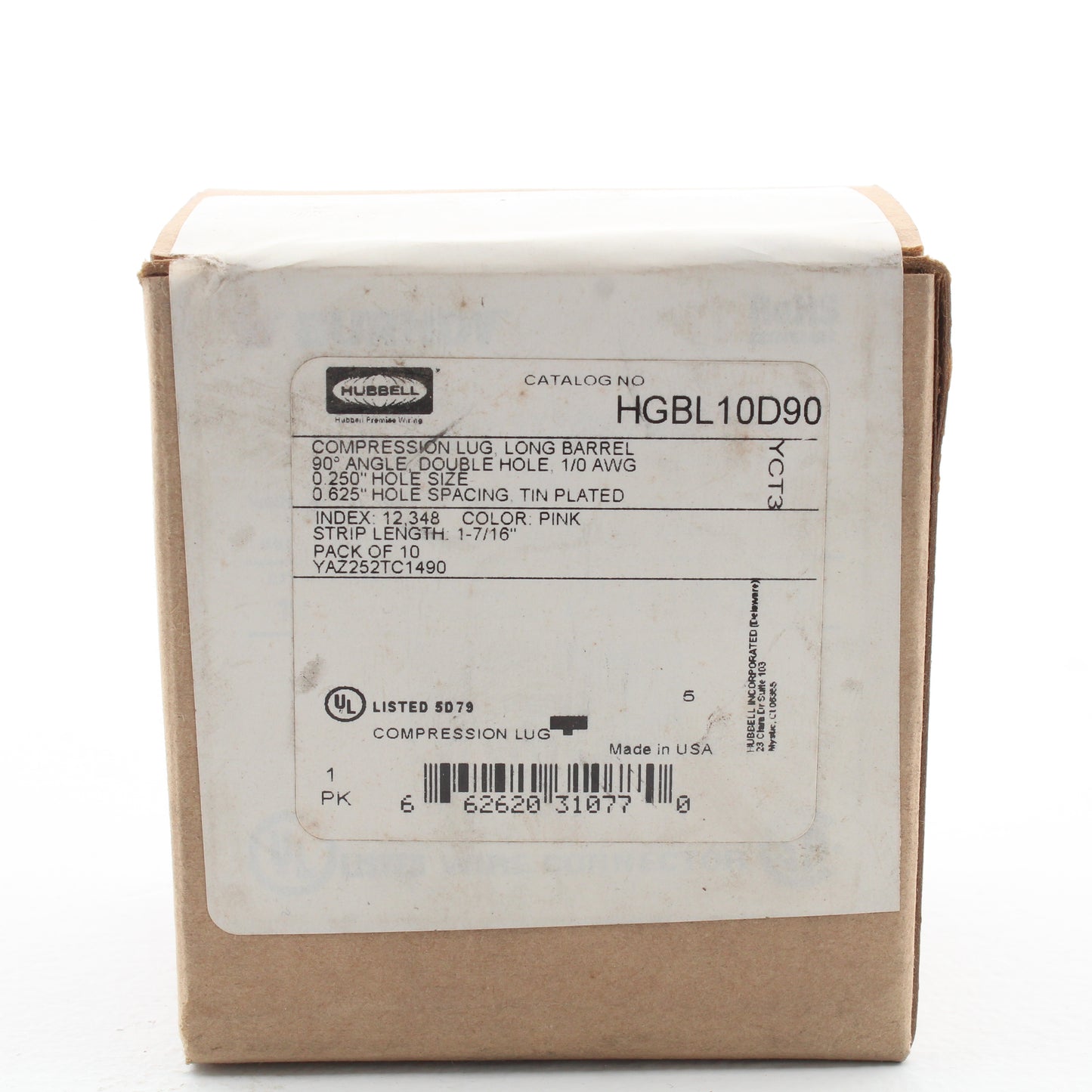 10 Hubbell Bonding Grounding Compression Lugs 90� 1/0AWG 1/4"Hole Pink HGBL10D90