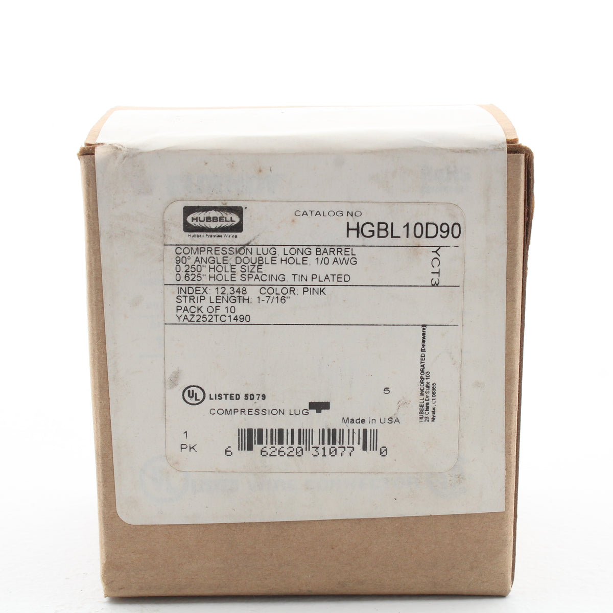 10 Hubbell Bonding Grounding Compression Lugs 90° 1/0AWG 1/4"Hole Pink HGBL10D90