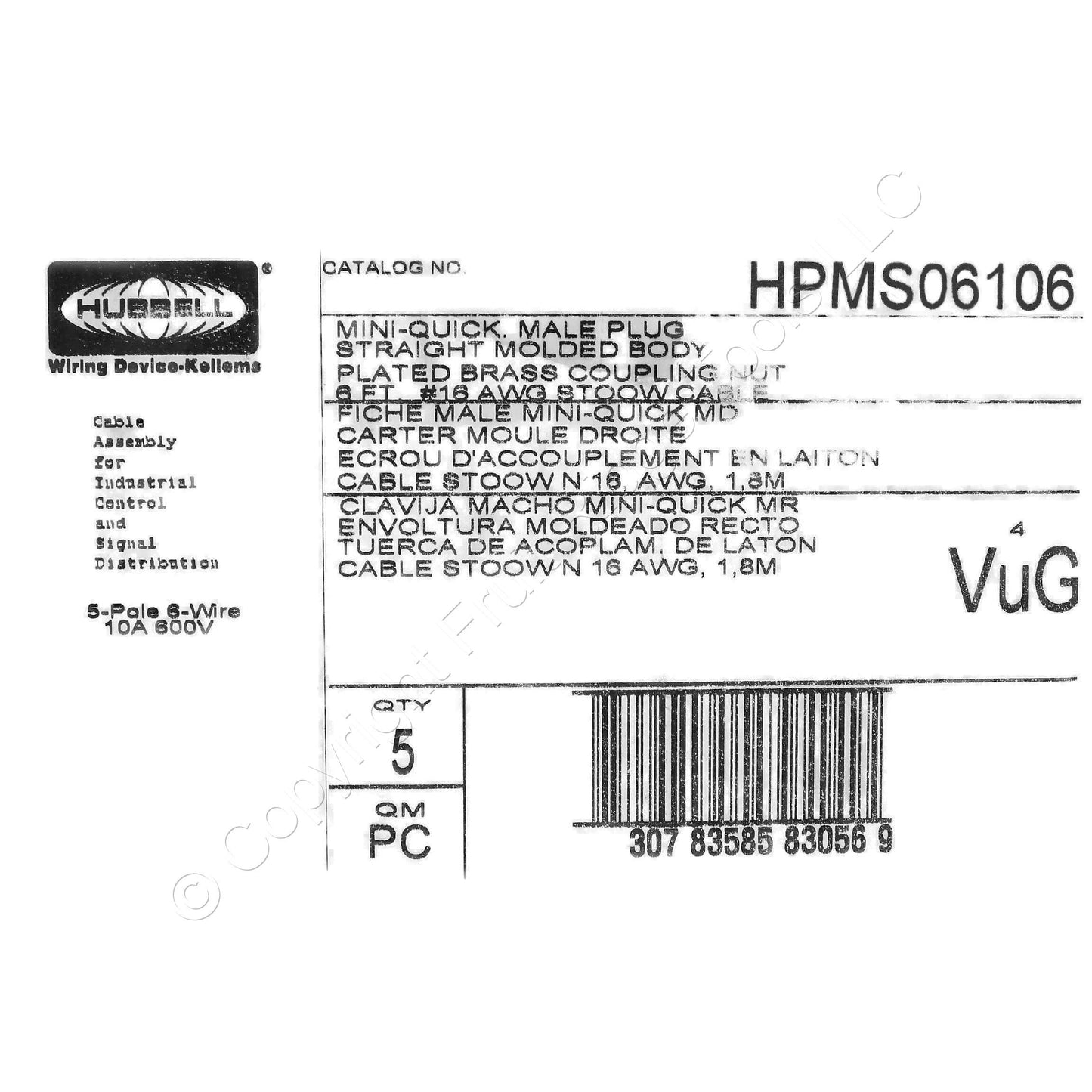 5 Hubbell 6ft Mini-Quick Connect Cords Pigtail Cable Male Plug 16/6 HPMS06106
