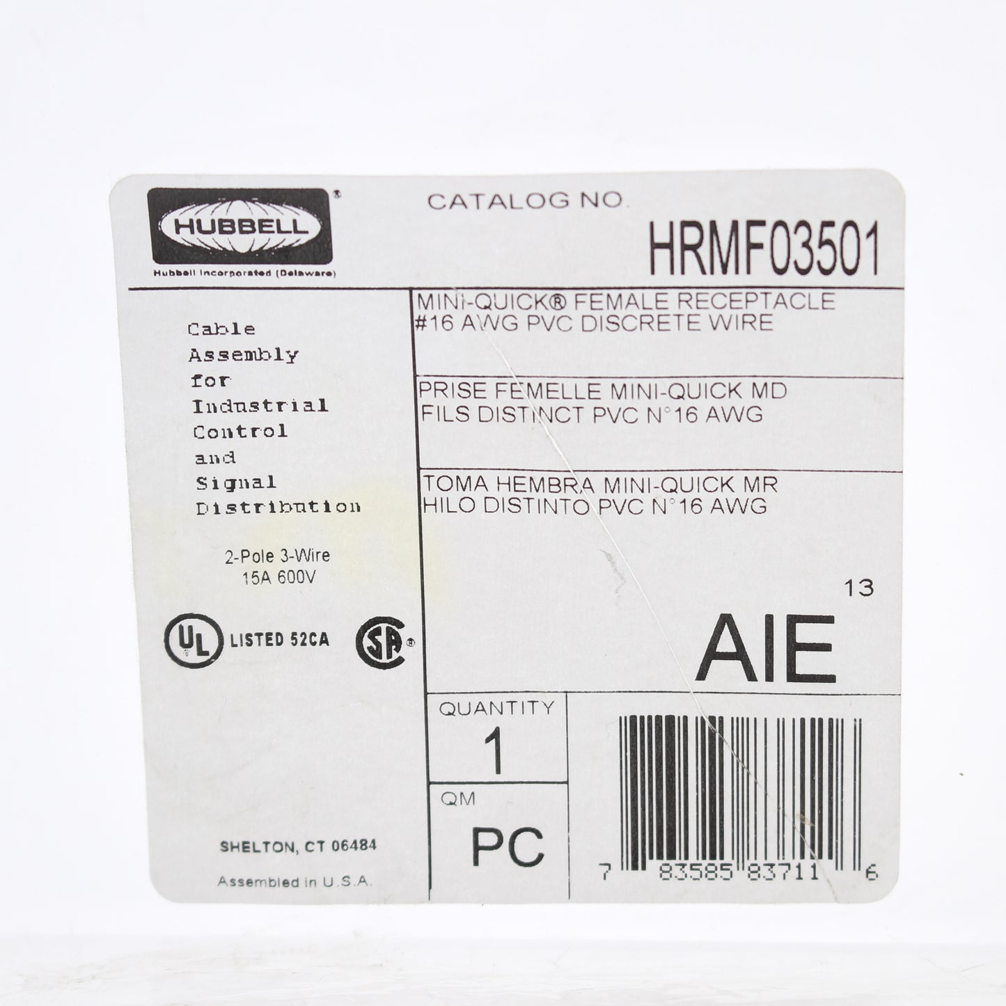 Hubbell Mini-Quick Flanged Female Receptacle 2P3W Quick-Connect 16AWG HRMF03501