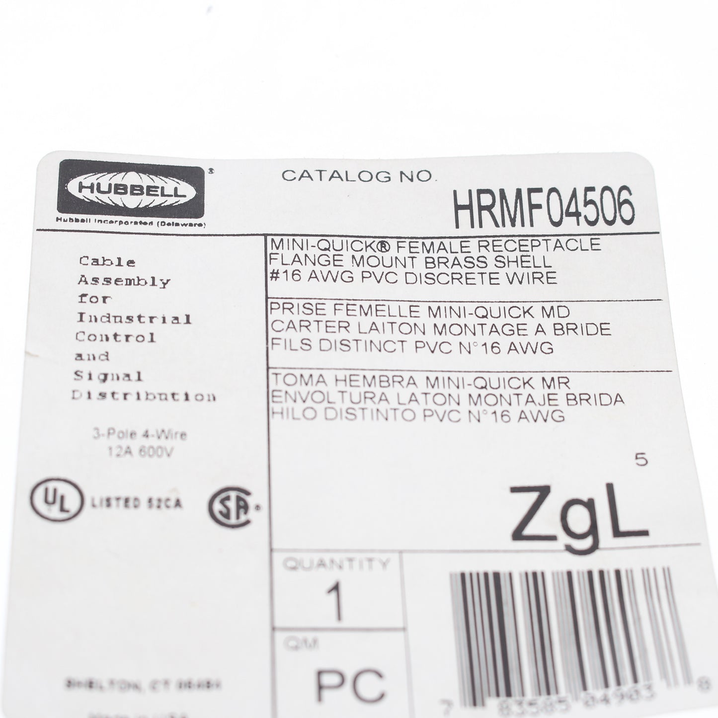 Hubbell Mini-Quick Flanged Female Receptacle 3P4W Quick-Connect 16AWG HRMF04506