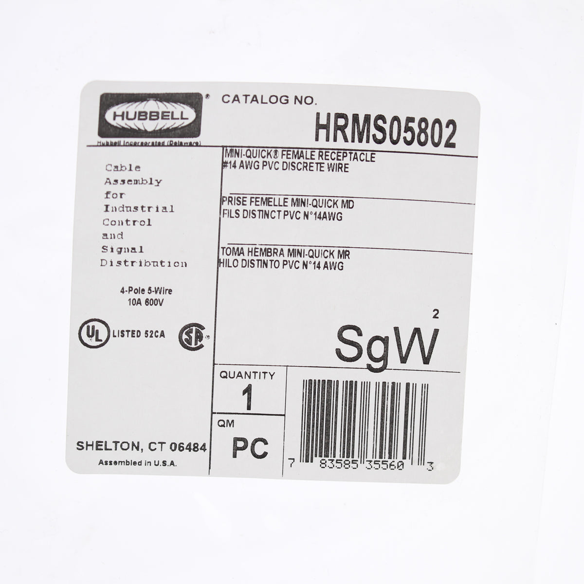 Hubbell MiniQuick Female Receptacle 4P5W Straight Quickconnect 14AWG HRMS05802