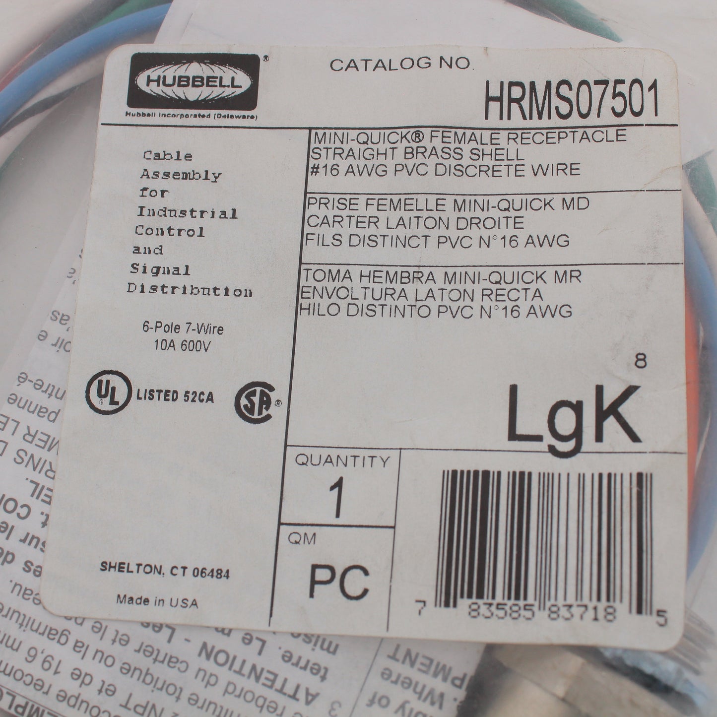 Hubbell MiniQuick Female Receptacle 6P7W Straight Quickconnect 16AWG HRMS07501