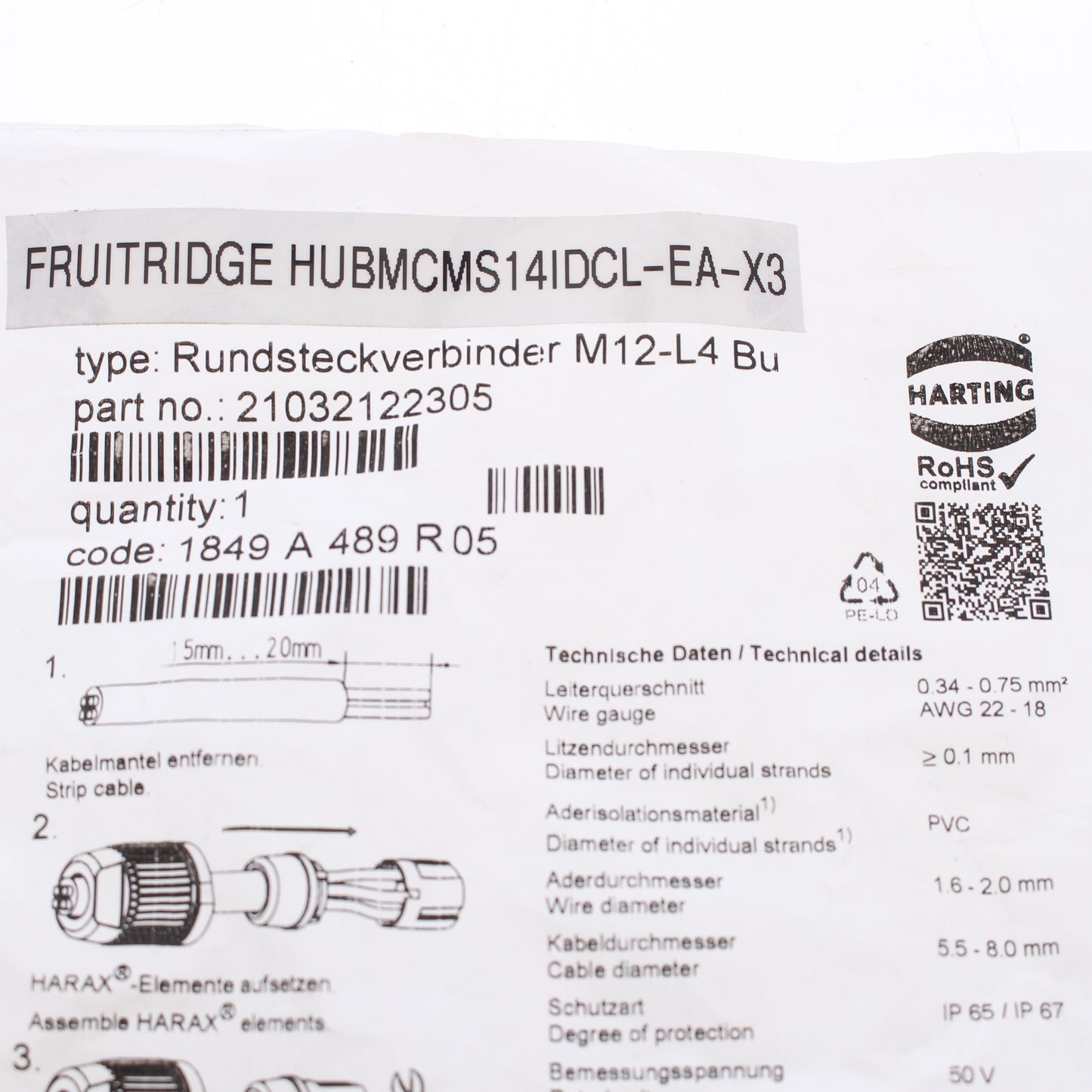 Hubbell Micro-Quick Cable Connector Female 4-Wire Displacement MCMS14IDCL