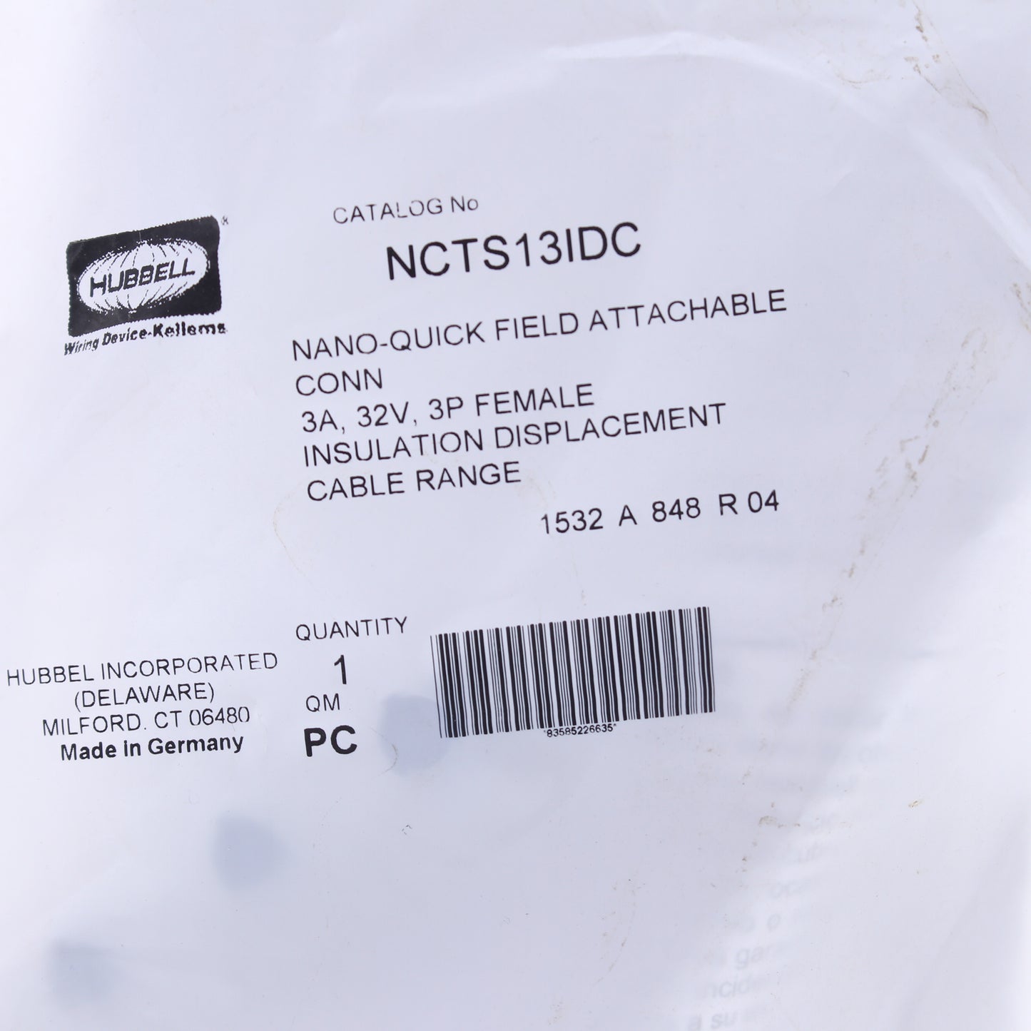 Hubbell Nano-Quick Cable Cord Connector Female 3-Wire Displacement NCTS13IDC