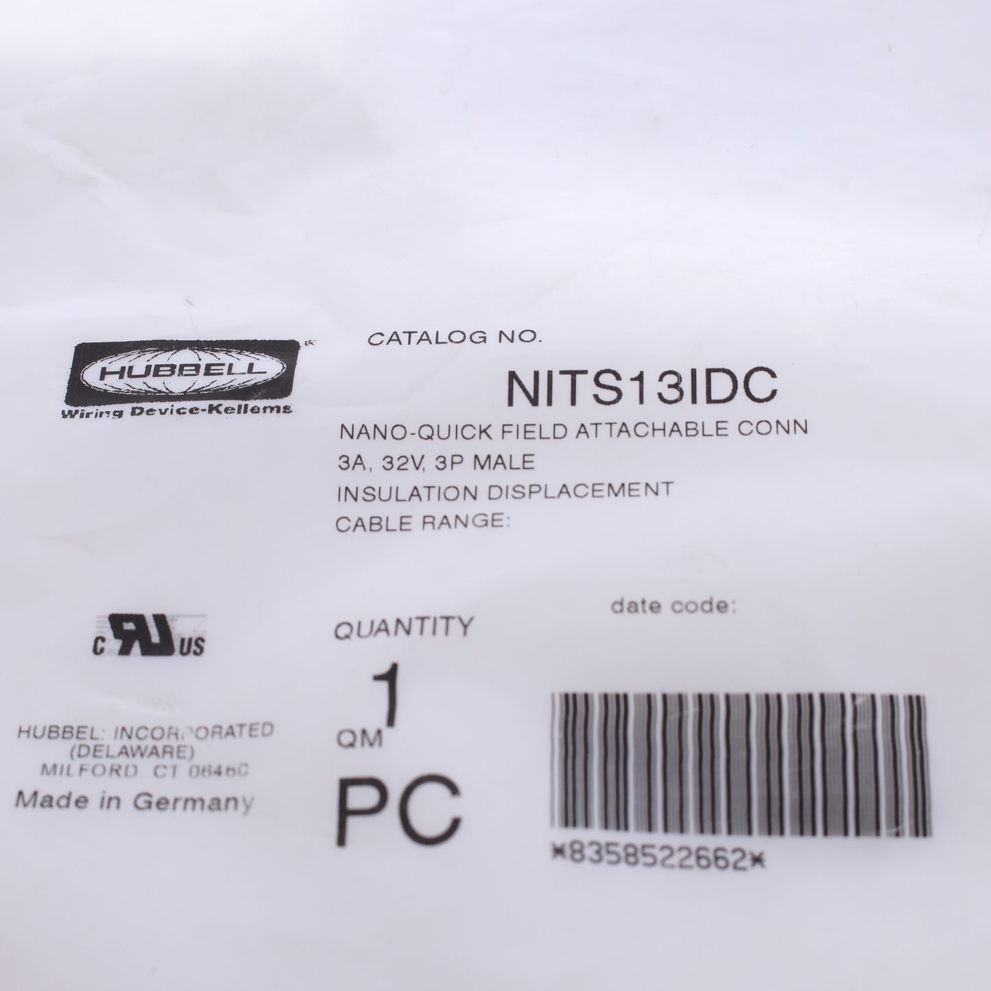 Hubbell Nano-Quick Cable Male Plug Field Attach 3-Wire Displacement NITS13IDC