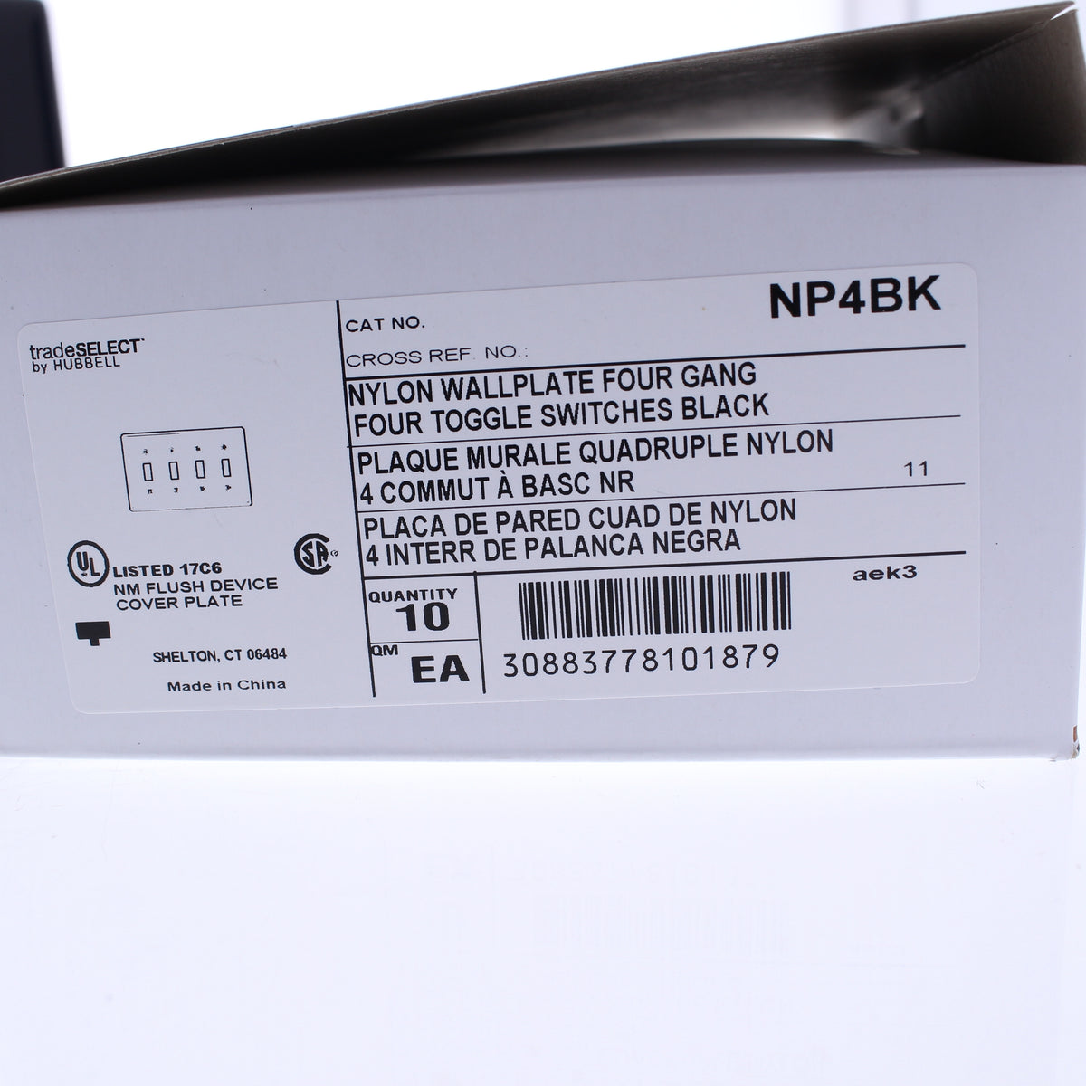 Hubbell NP4BK Black 4-Gang Toggle Switch Standard Unbreakable Wallplates 10pcs