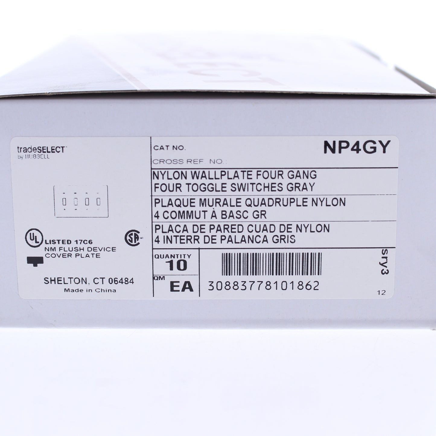 Hubbell NP4GY Gray 4-Gang Toggle Unbreakable Nylon Standard Wallplate Cover 10pc