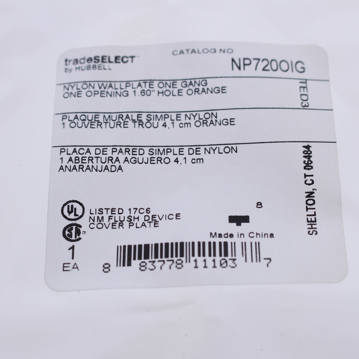 Hubbell NP720OIG Orange 1-Gang Single 1.6" Outlet Unbreakable Wallplate Cover