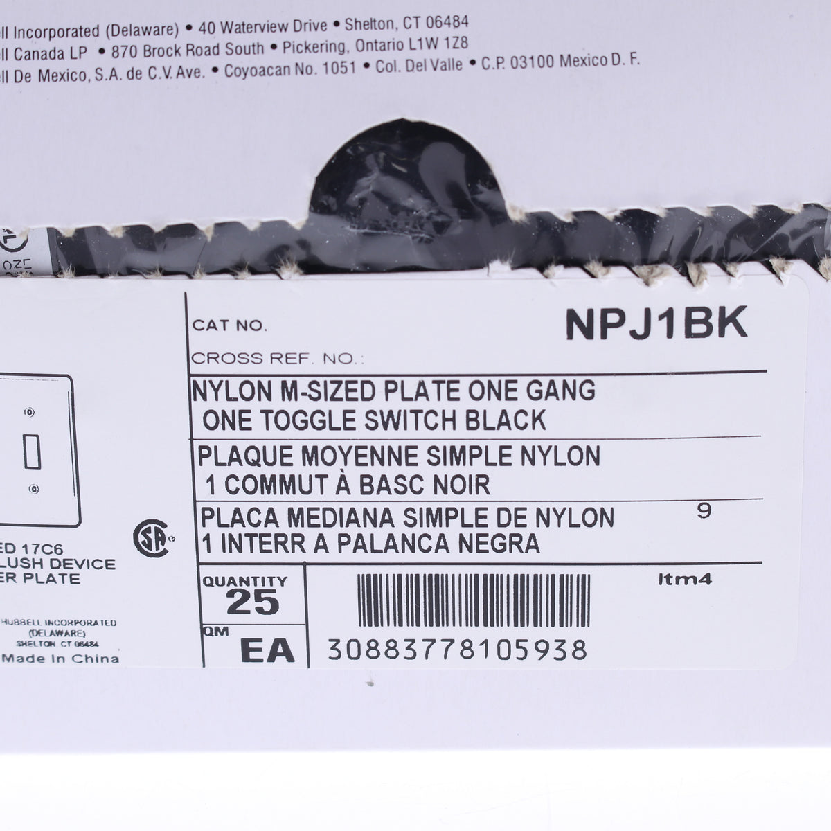 Hubbell NPJ1BK Black 1-Gang Toggle Unbreakable Mid-Size Wallplate Cover 25pcs