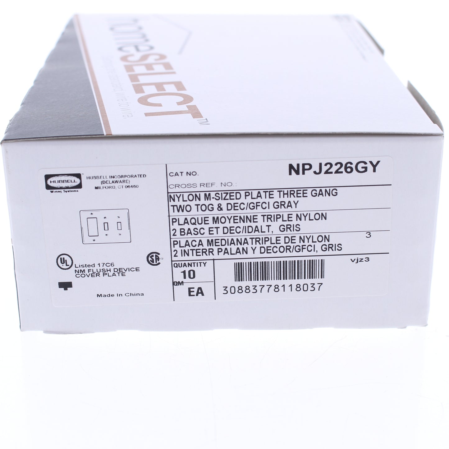 Hubbell NPJ226GY Gray 3-Gang Toggle Decorator Unbreakable Midsize Wallplate 10pc