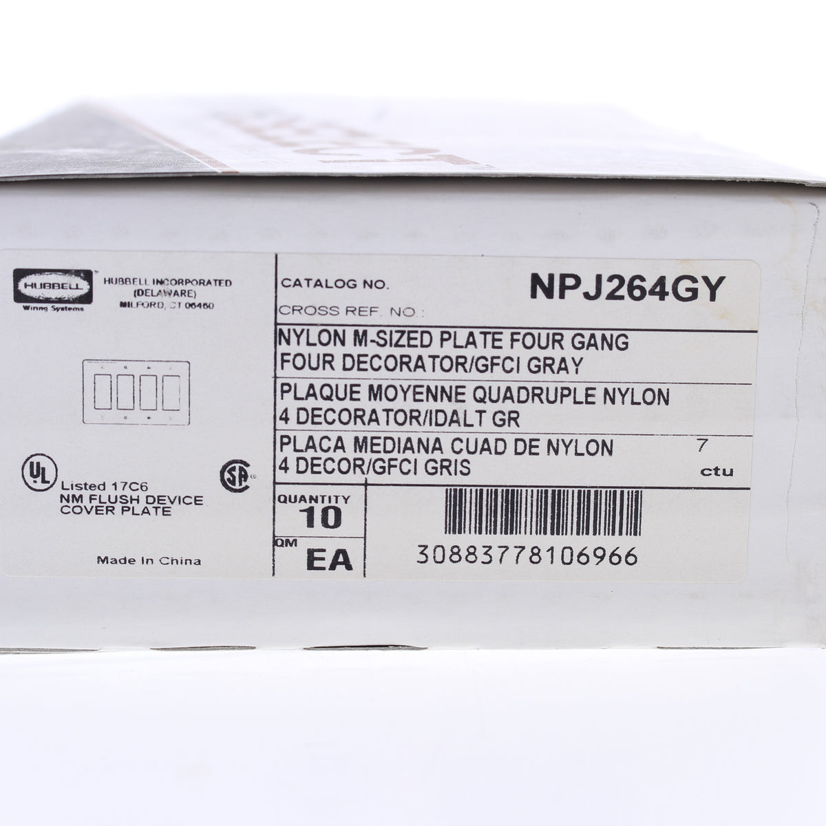 Hubbell NPJ264GY Gray 4-Gang Decorator Unbreakable Mid-Size Wallplate Cover 10pc