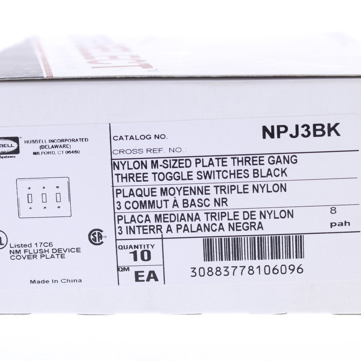 Hubbell NPJ3BK Black 3-Gang Mid-Size Toggle Switch Cover Nylon Wallplate 10-Pack