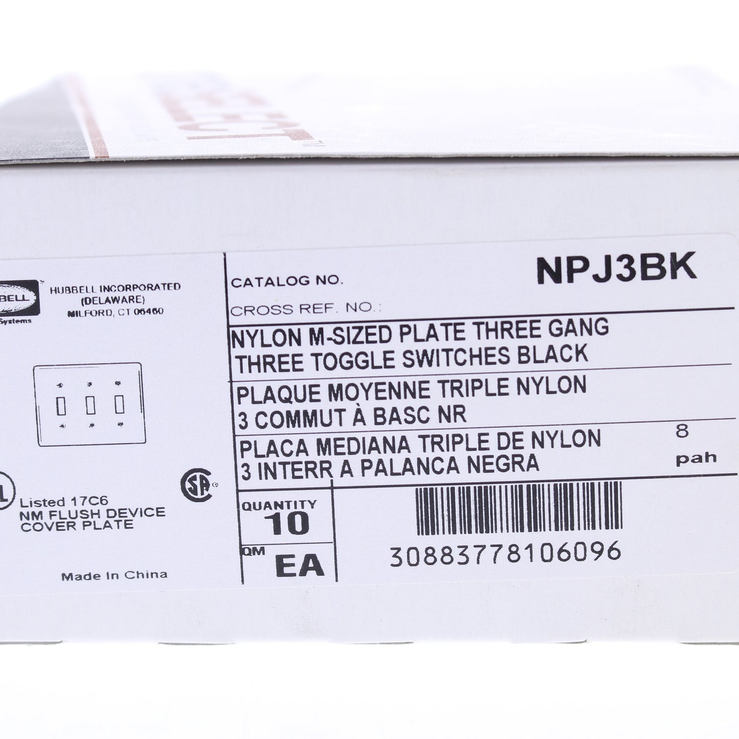 Hubbell NPJ3BK Black 3-Gang Mid-Size Toggle Switch Cover Nylon Wallplate 10-Pack