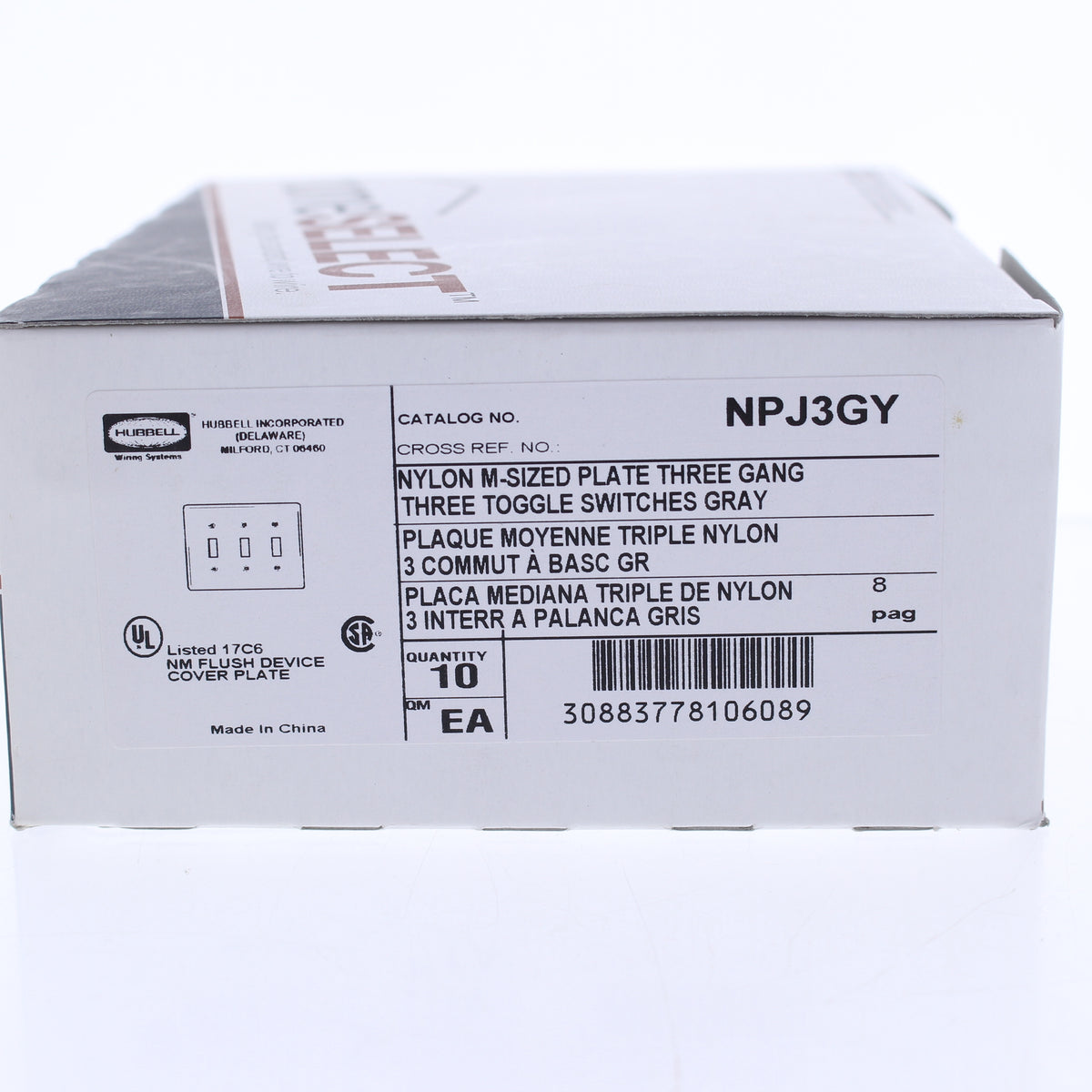 Hubbell NPJ3GY Gray 3-Gang Toggle Switch Unbreakable Mid-Size Wallplates 10pcs