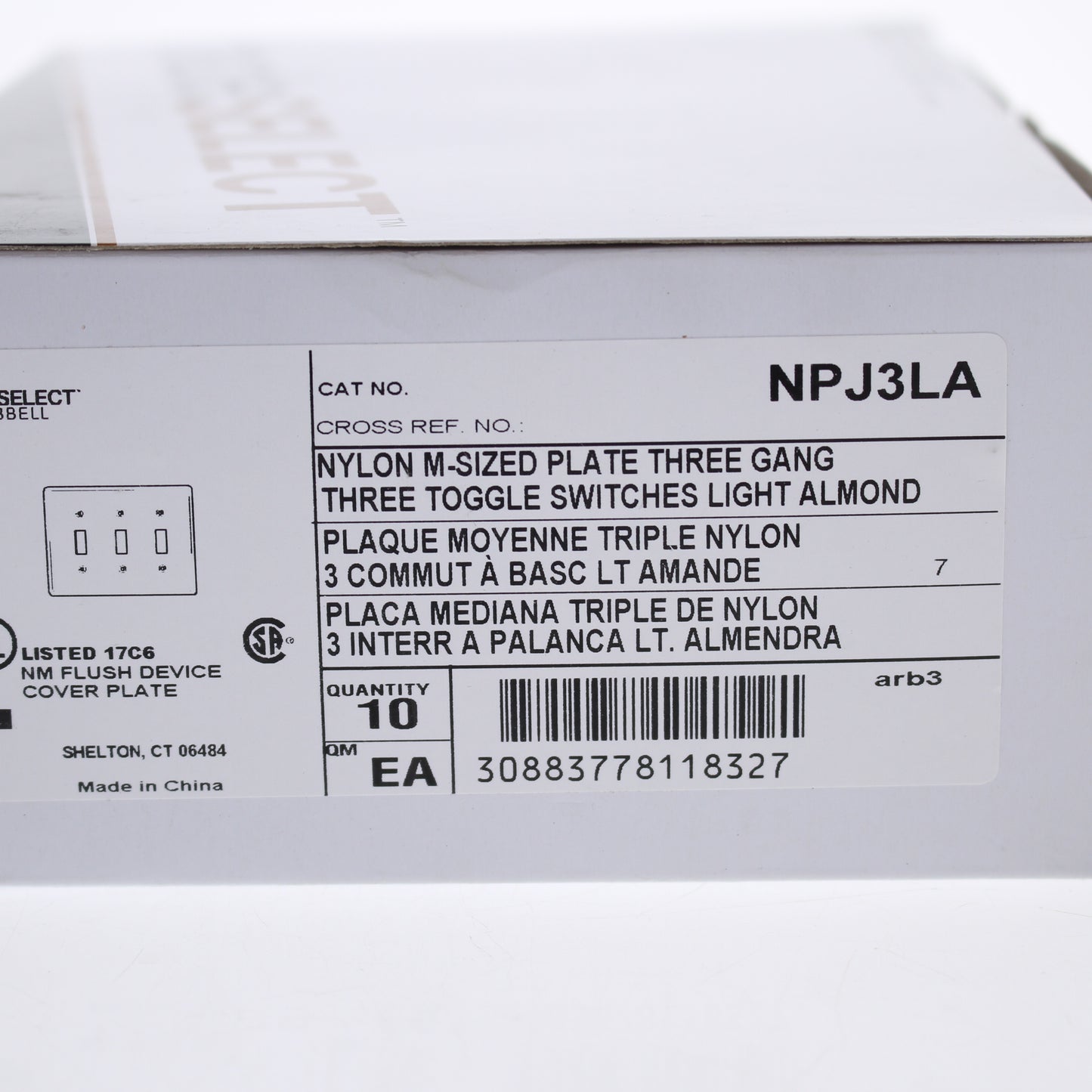 Hubbell NPJ3LA Light Almond 3-Gang Toggle Unbreakable Mid-Size Wallplate 10pcs