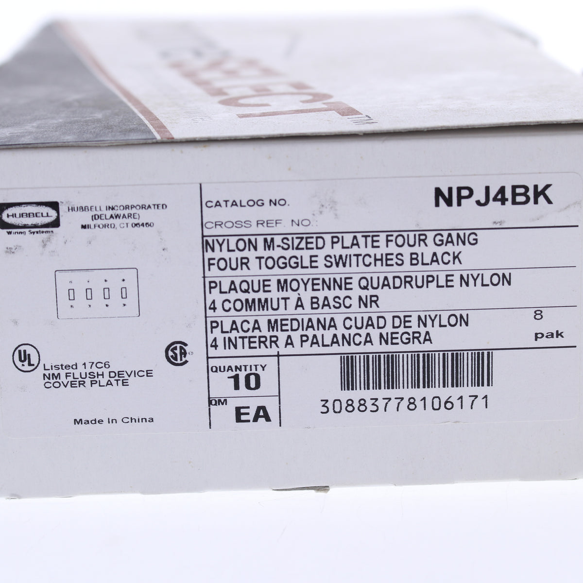 Hubbell NPJ4BK Black 4-Gang MidSize Toggle Switch Cover Nylon Wallplates 10-Pack