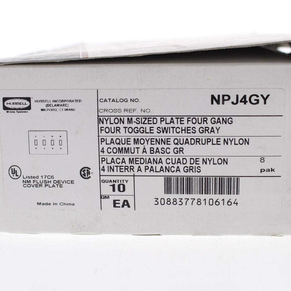 Hubbell NPJ4GY Gray 4-Gang Toggle Switch Unbreakable Mid-Size Wallplates 10pcs