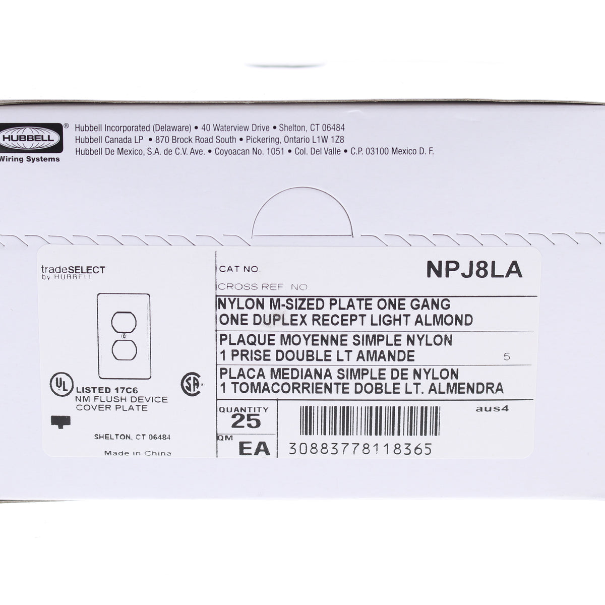 Hubbell NPJ8LA Light Almond 1-Gang Duplex Unbreakable Mid-Size Wallplate 25pcs
