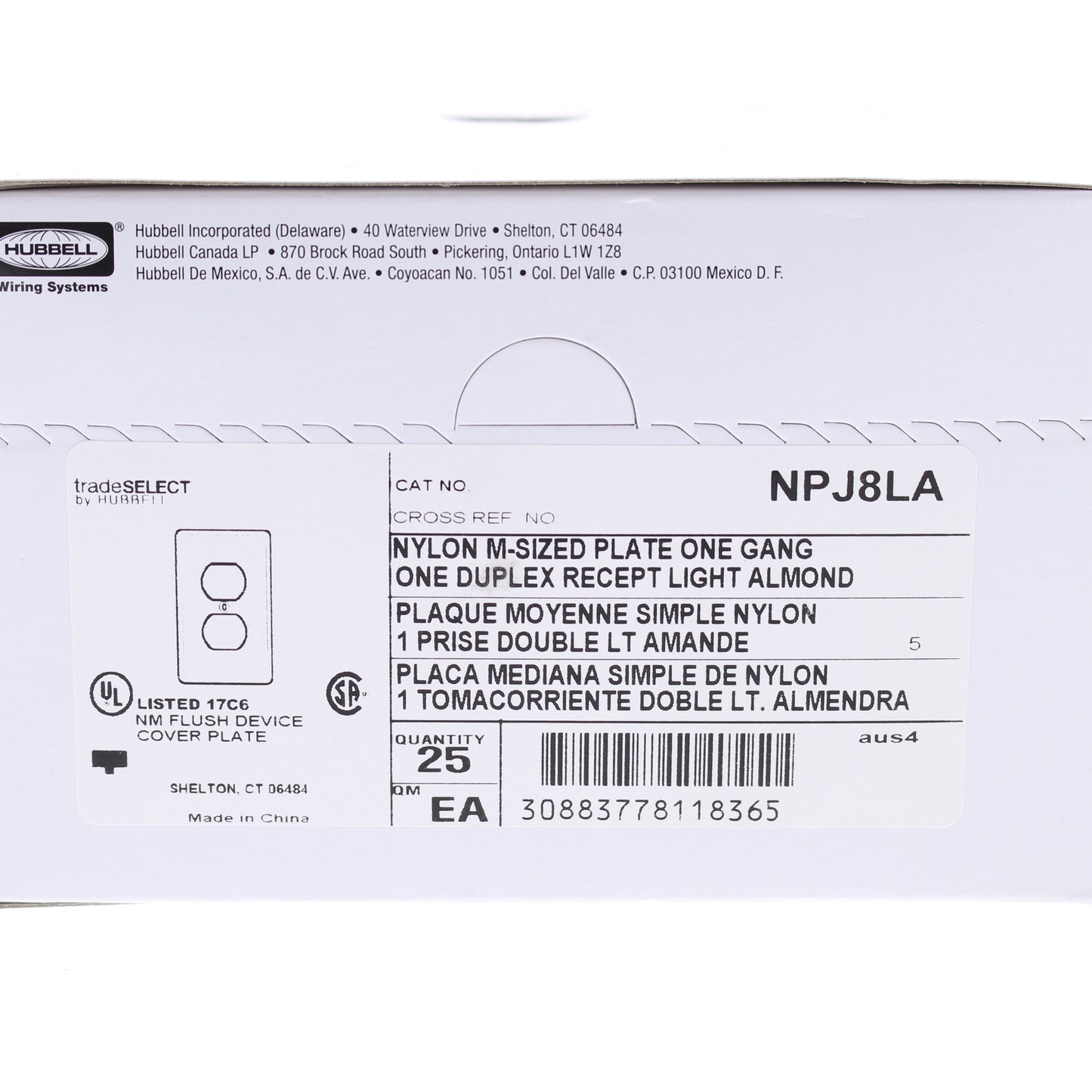 Hubbell NPJ8LA Light Almond 1-Gang Duplex Unbreakable Mid-Size Wallplate 25pcs