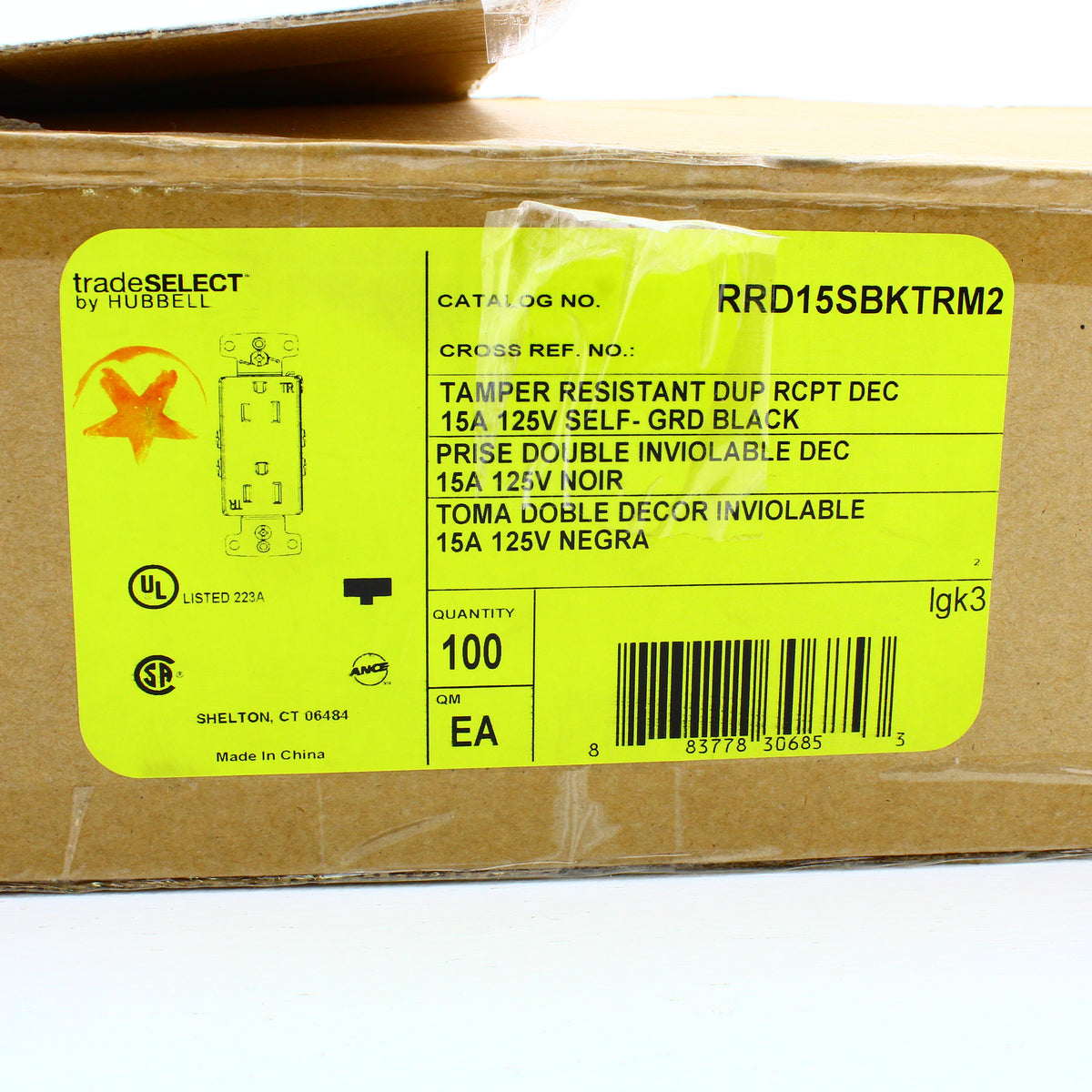 100 Hubbell Black Tamper Resistant Decorator Receptacles 15A NoEars RRD15SBKTRM2