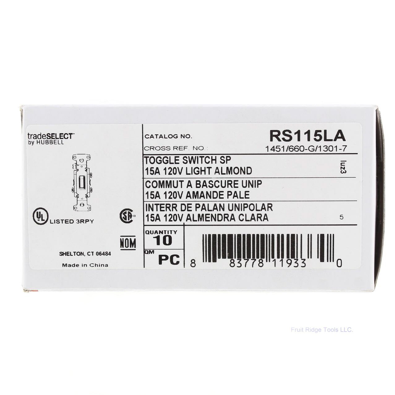 Hubbell RS115LA Almond 10 Residential Left Single Pole Toggle Light 10-Pack