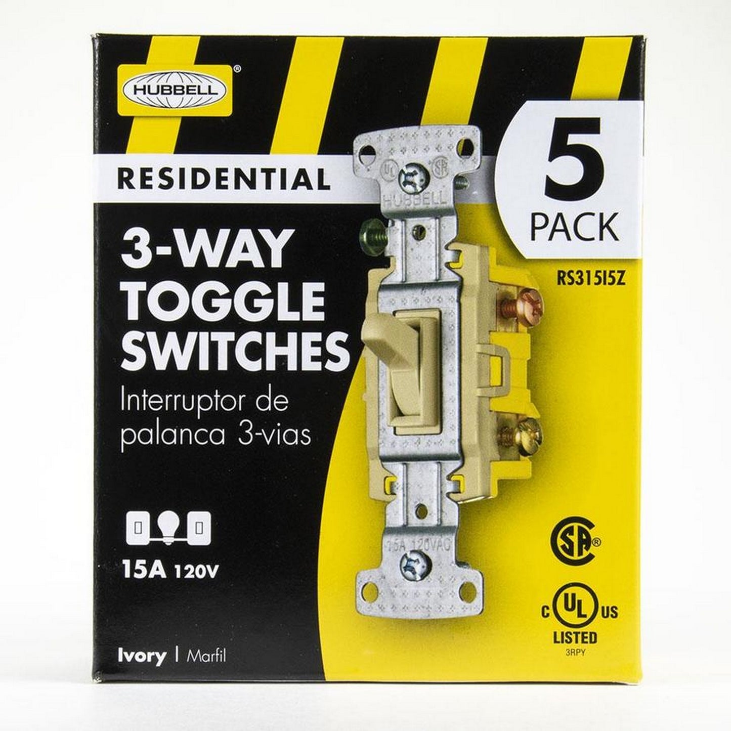 Hubbell RS315I Ivory Framed Toggle Light Switch 3-Way Residential 15A 120V 5pcs