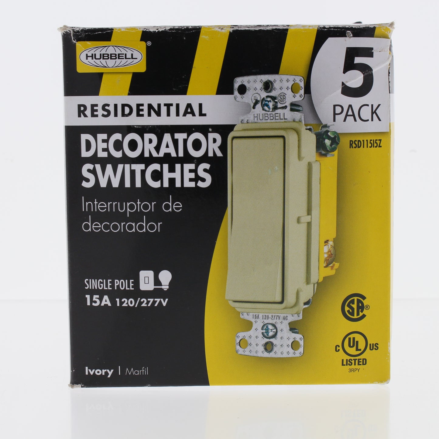 Hubbell RSD115I Ivory Decorator Rocker Wall Light Switches Single Pole 15A 5pcs